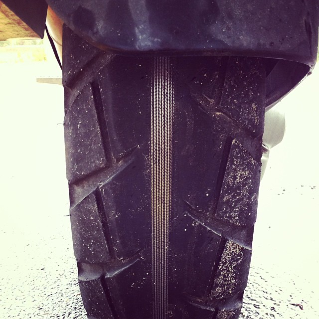 Motorcycle tire worn to the cords